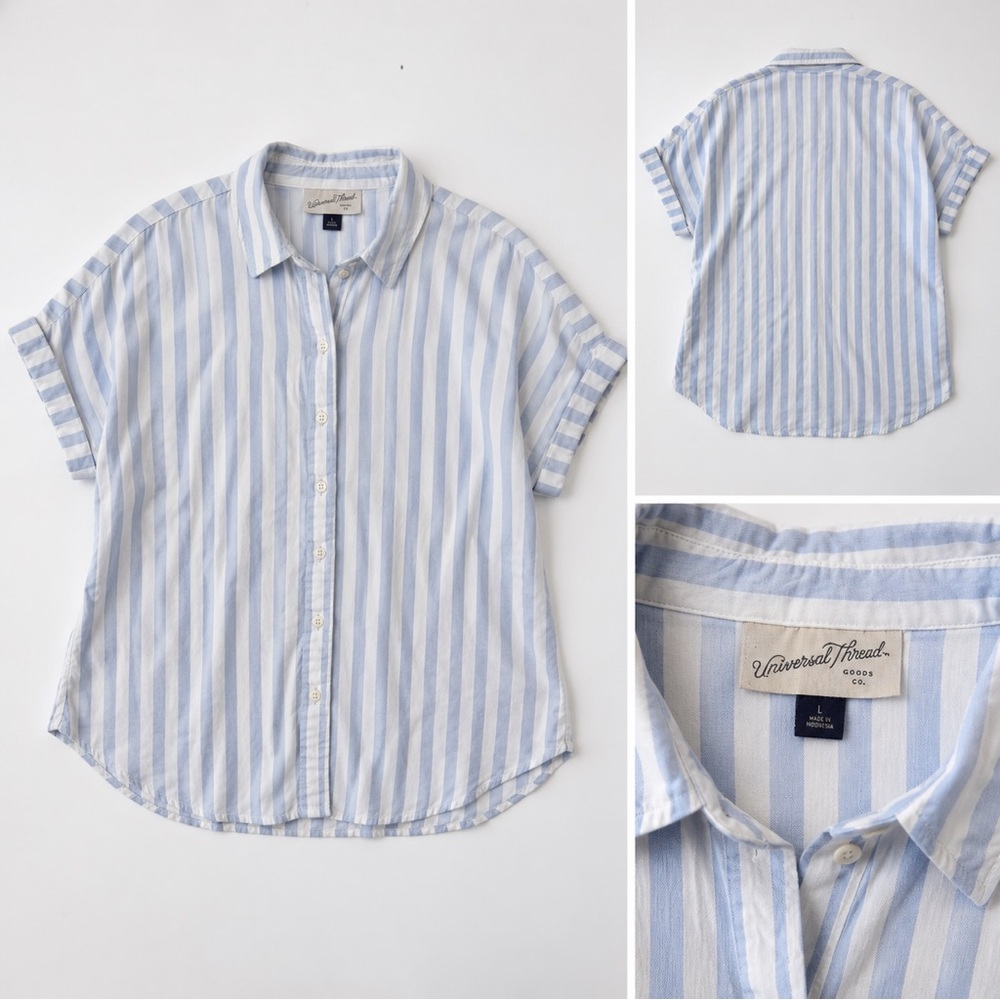 Universal Thread Blue White Striped Short Sleeve Button Up Large